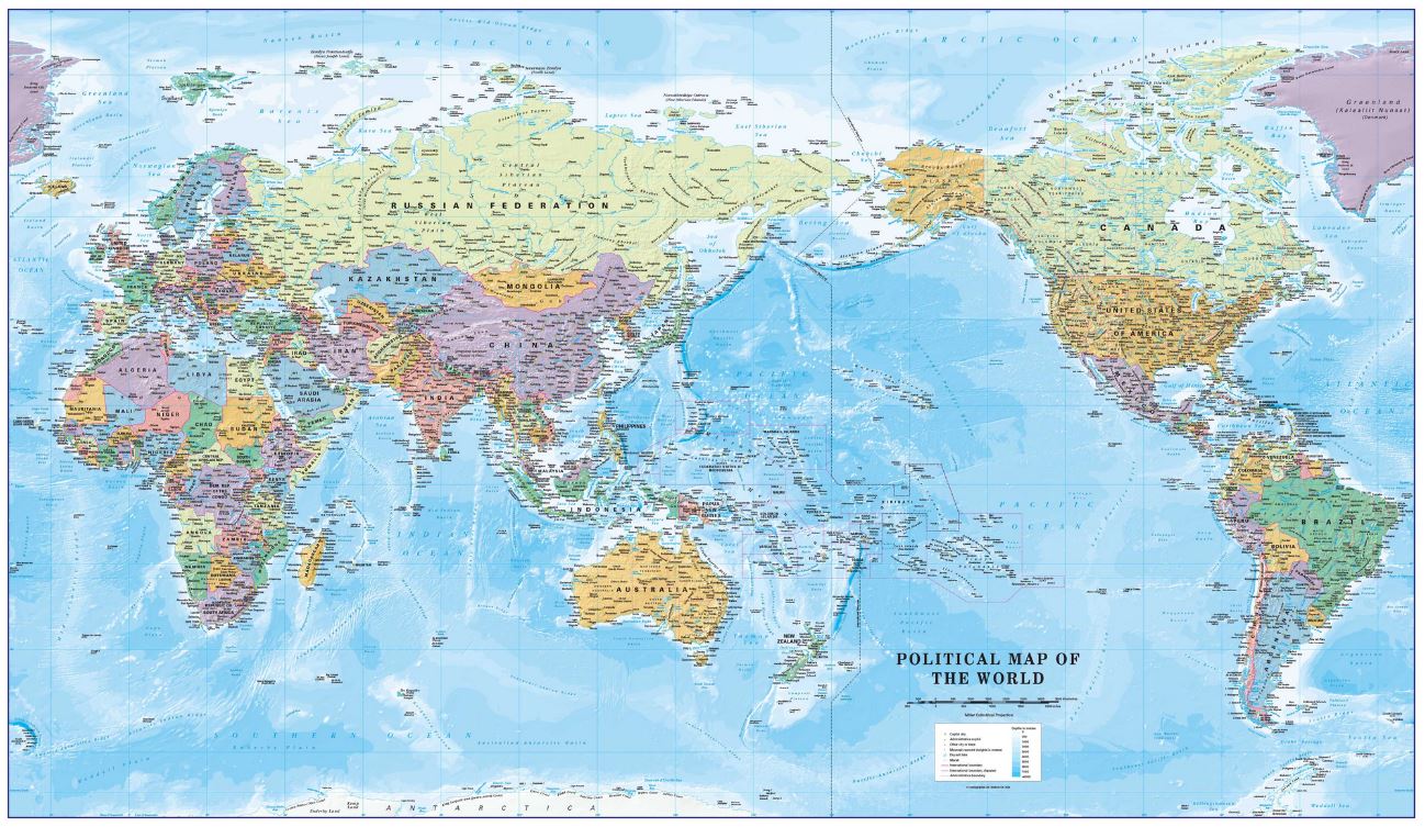 World Political Large Pacific Centred Wall Map